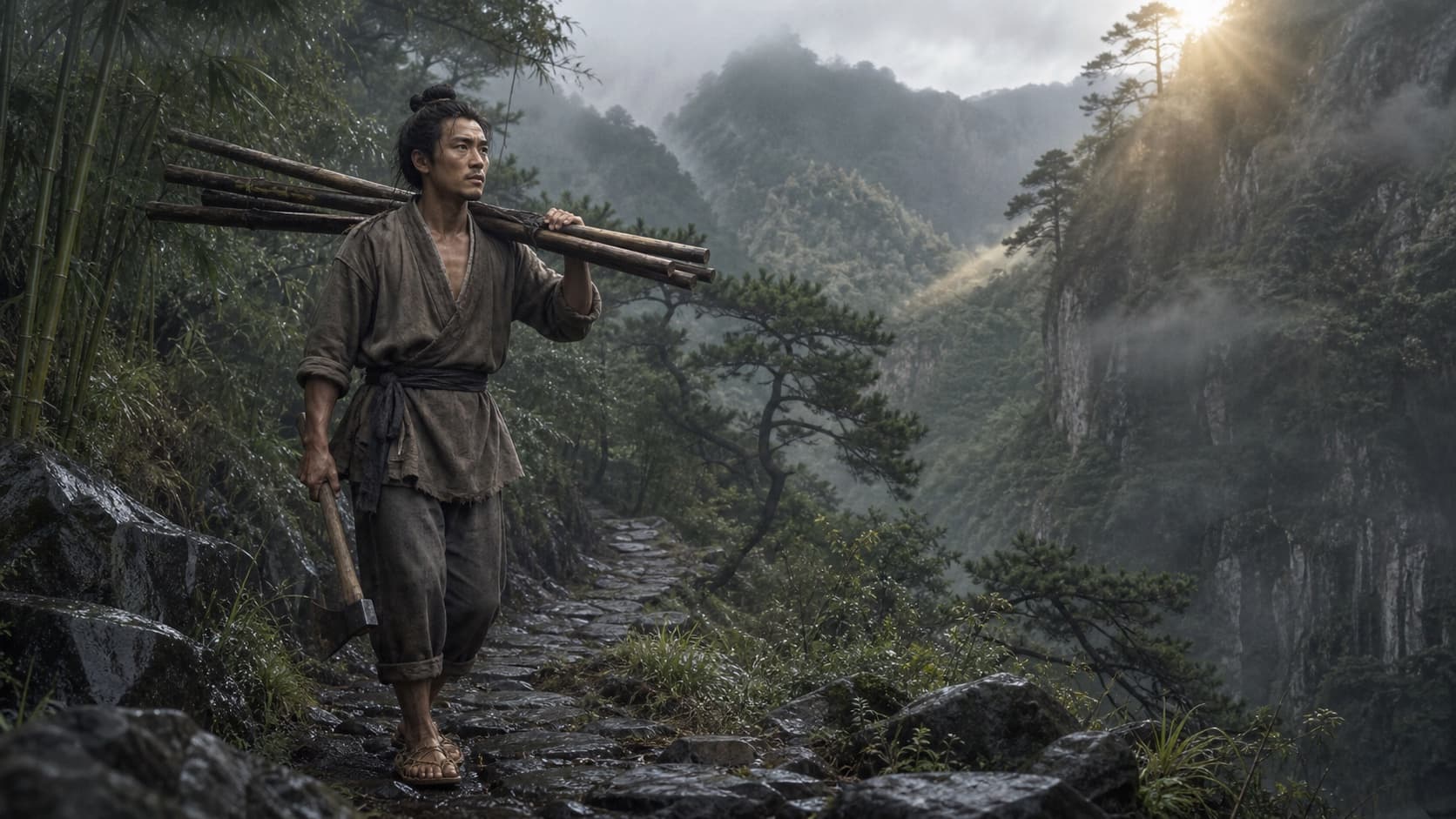 A young Song-dynasty woodcutter on a mountain path in central Fujian